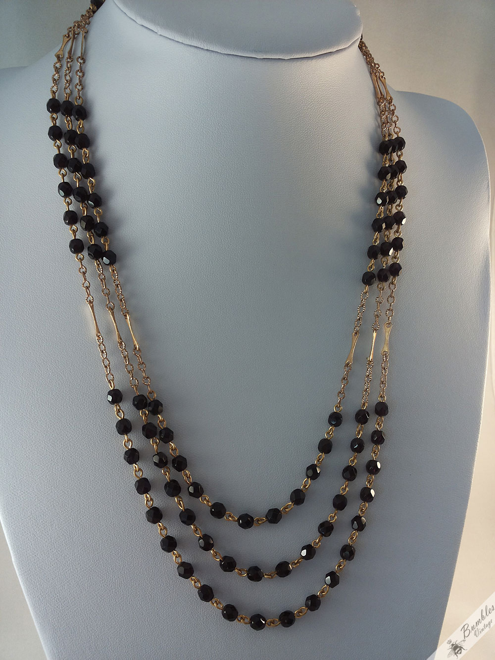 Vintage Three Row Black Faceted Glass Beads with Gold Tone Necklace - Image 2