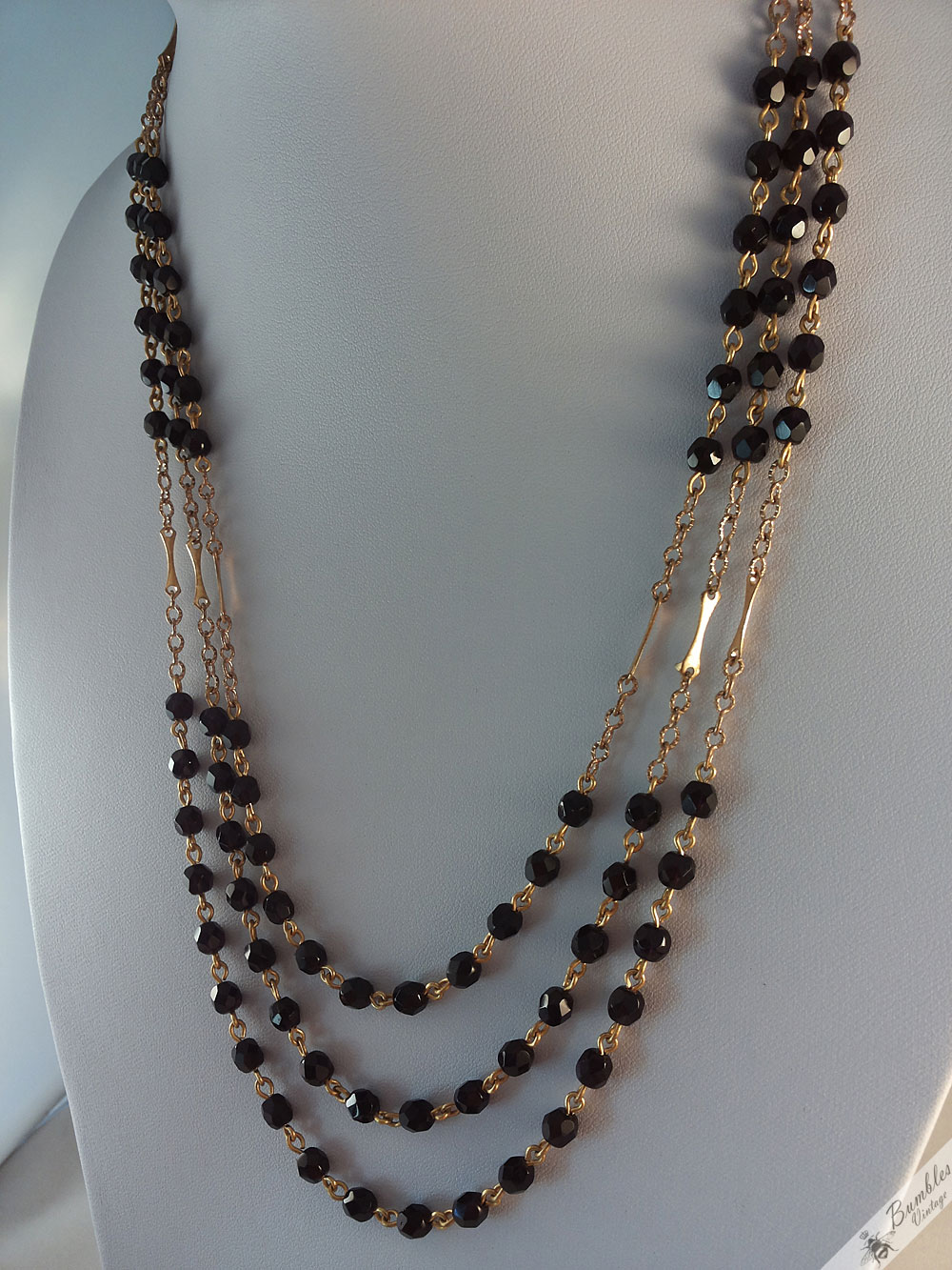 Vintage Three Row Black Faceted Glass Beads with Gold Tone Necklace - Image 3