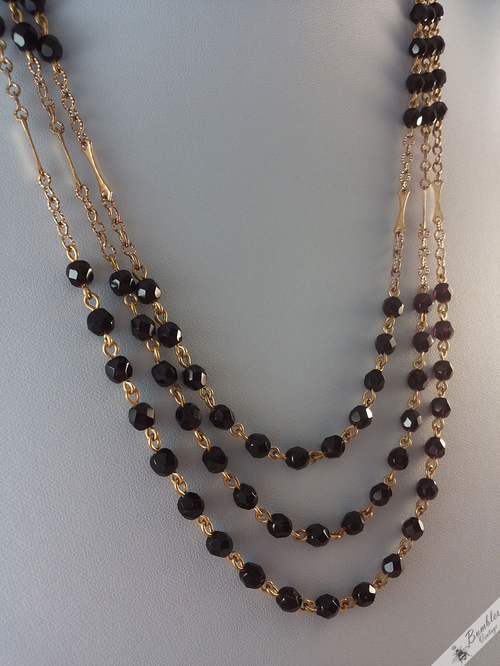 Vintage Three Row Black Faceted Glass Beads with Gold Tone Necklace - Image 4