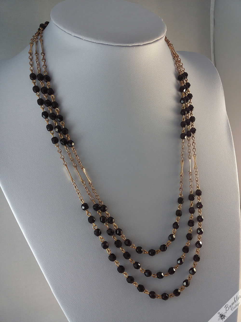 Vintage Three Row Black Faceted Glass Beads with Gold Tone Necklace - Image 5