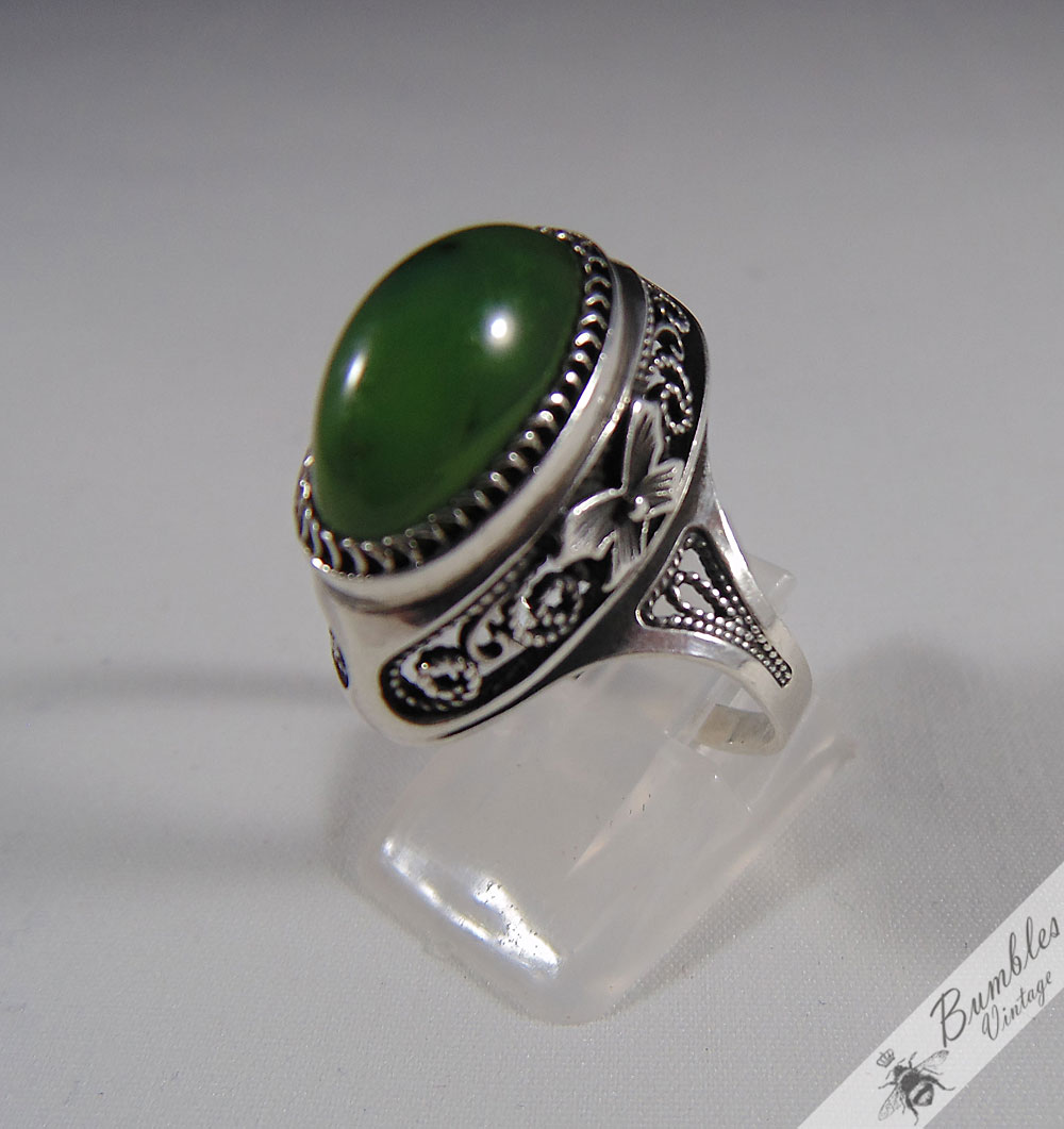 Traditional Russian Vintage Soviet Union Ring Green Agate 875 Silver USSR - Image 2