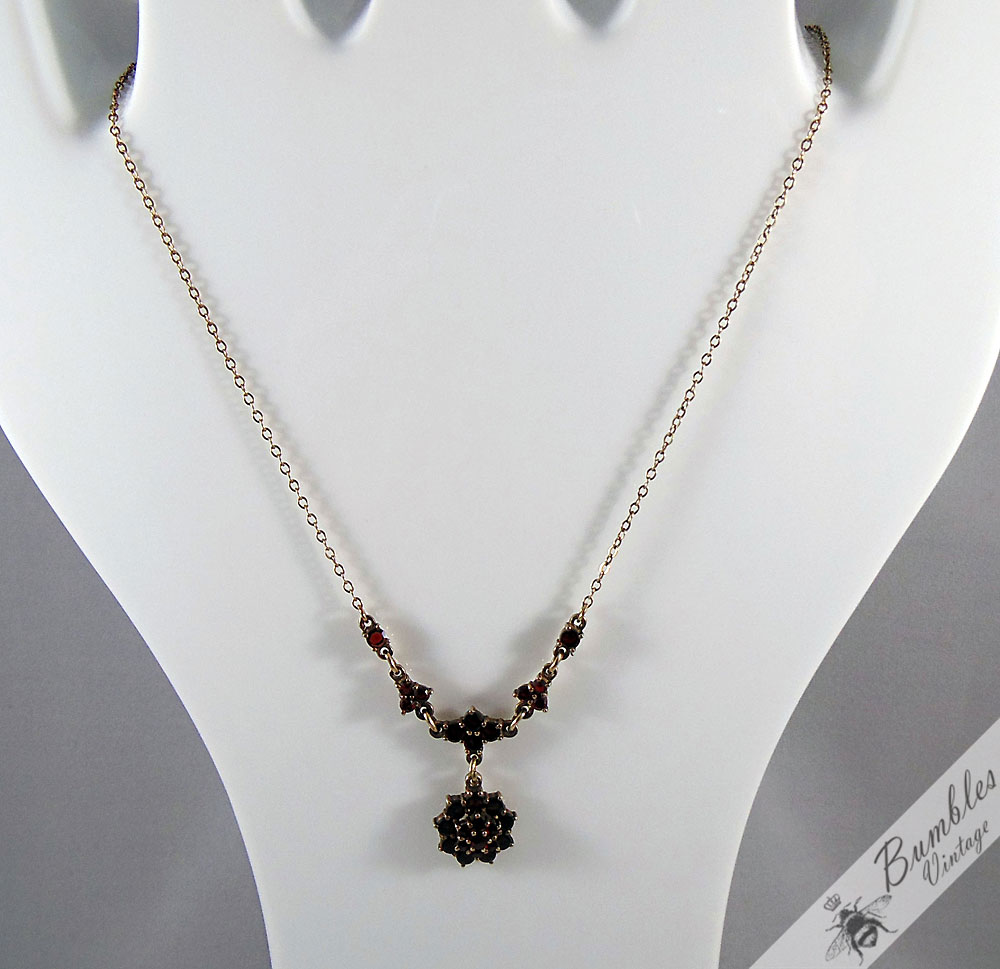 Sterling Silver Bohemian Garnet Lavalier Vermeil Necklace Czech European c1960 - Image 2