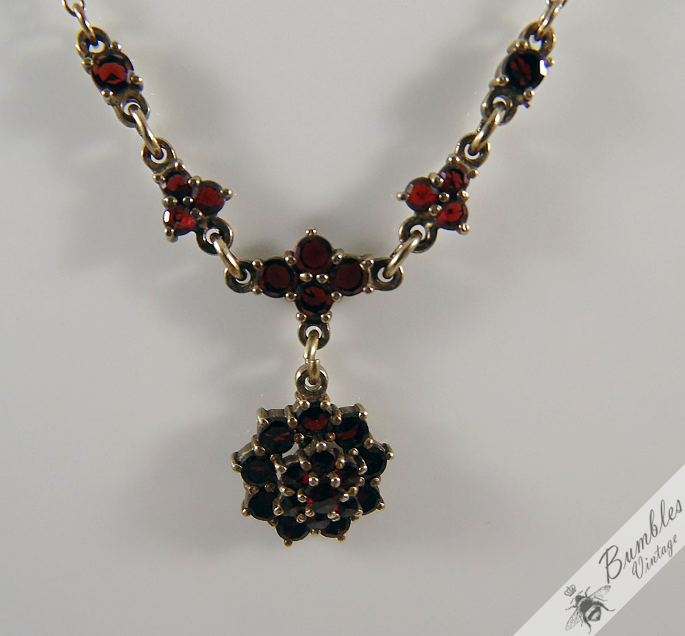 Sterling Silver Bohemian Garnet Lavalier Vermeil Necklace Czech European c1960 - Image 4