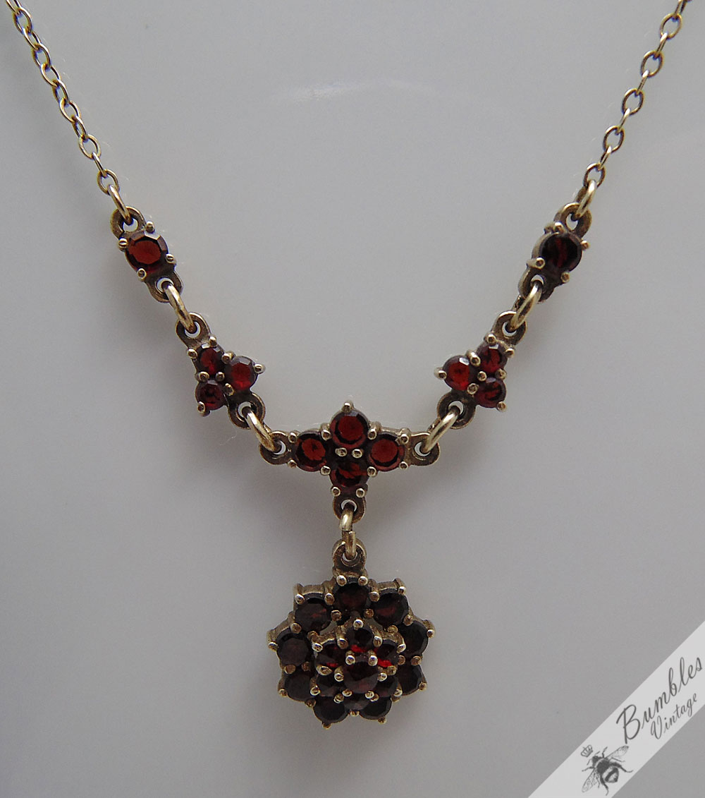 Sterling Silver Bohemian Garnet Lavalier Vermeil Necklace Czech European c1960