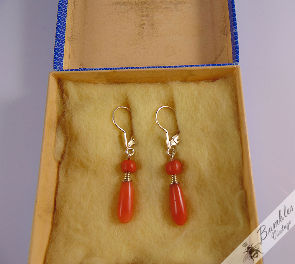 Vintage Natural Koral 14k Gold Drop Dangle Lever Earrings Bohemian European - Image 2