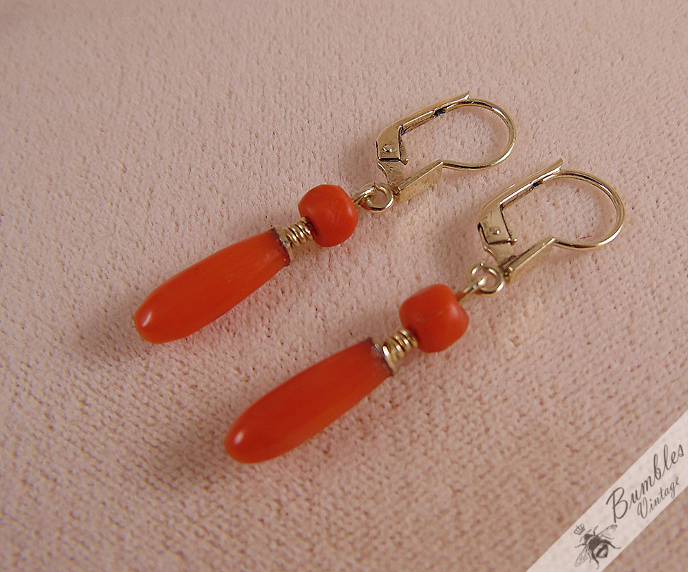 Vintage Natural Koral 14k Gold Drop Dangle Lever Earrings Bohemian European - Image 3
