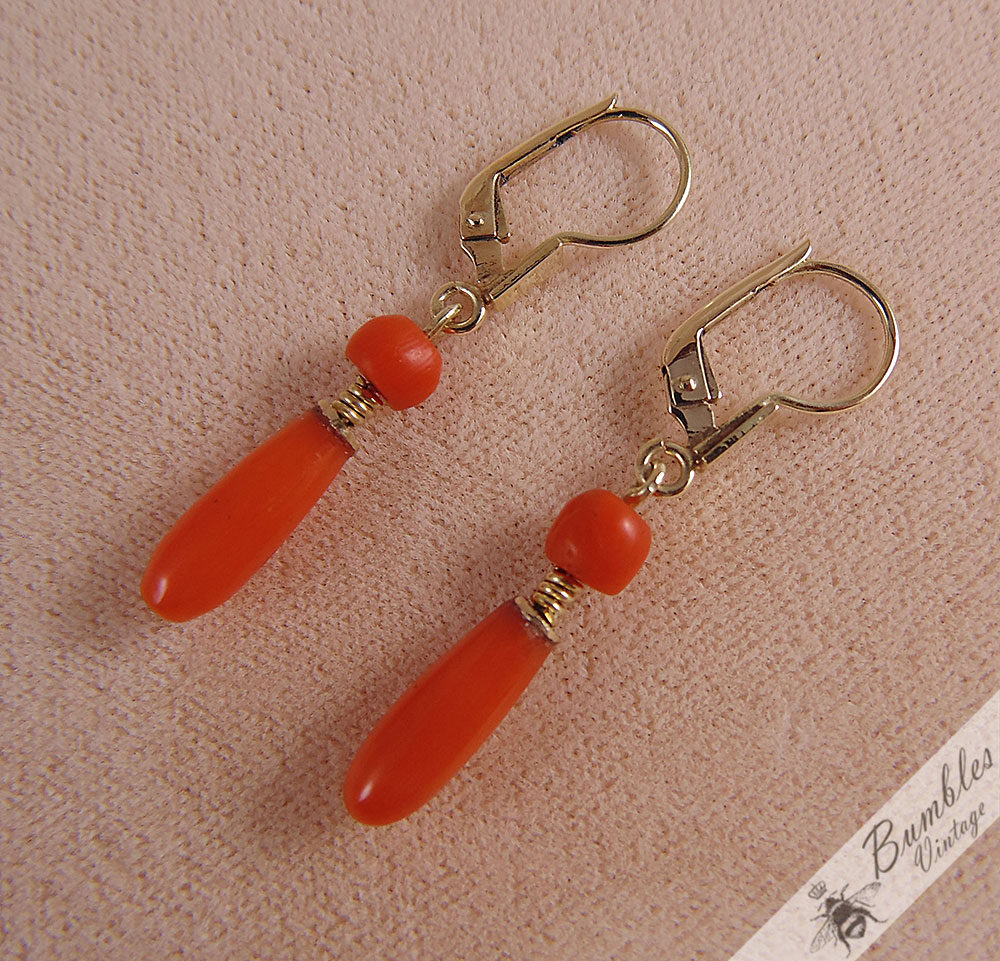 Vintage Natural Koral 14k Gold Drop Dangle Lever Earrings Bohemian European - Image 5
