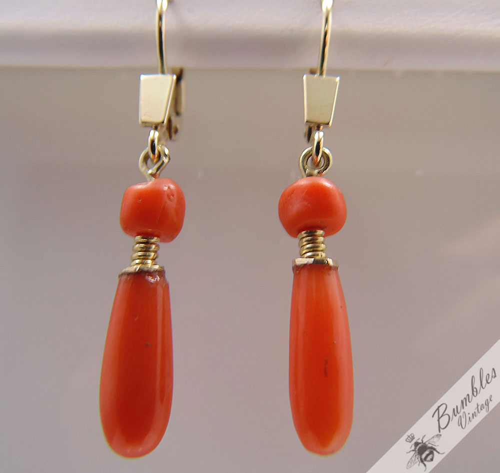 Vintage Natural Koral 14k Gold Drop Dangle Lever Earrings Bohemian European - Image 9
