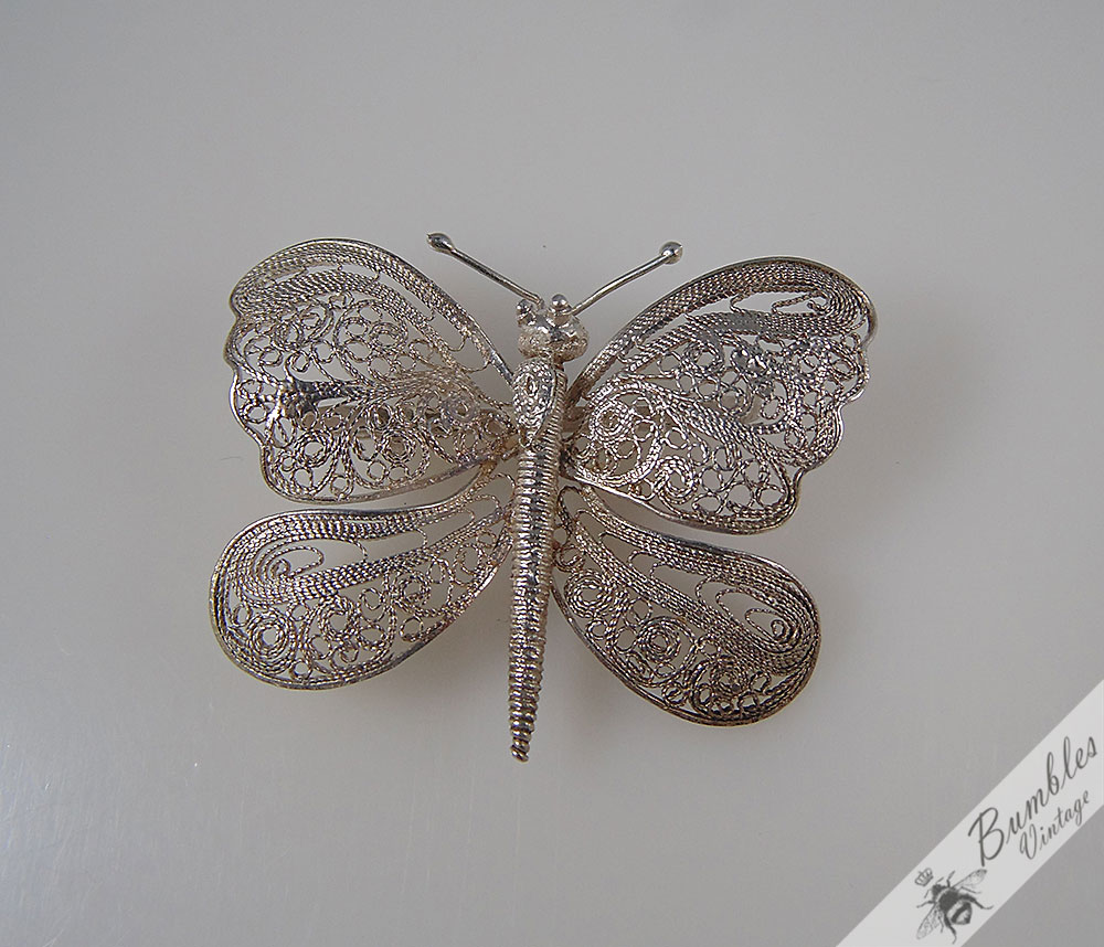 Vintage Bohemian Sterling Silver Filigree Butterfly Brooch c1960 - Image 2