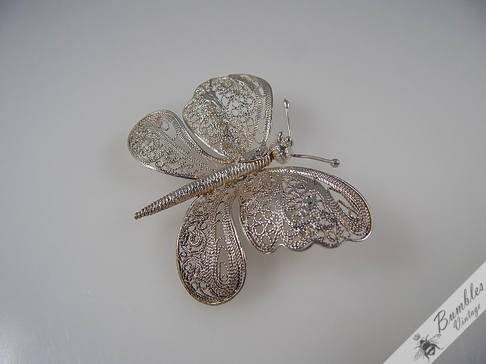 Vintage Bohemian Sterling Silver Filigree Butterfly Brooch c1960 - Image 3