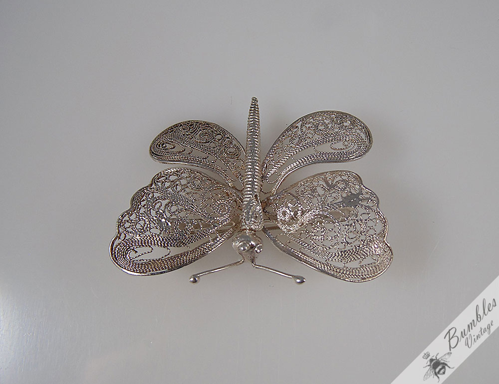 Vintage Bohemian Sterling Silver Filigree Butterfly Brooch c1960