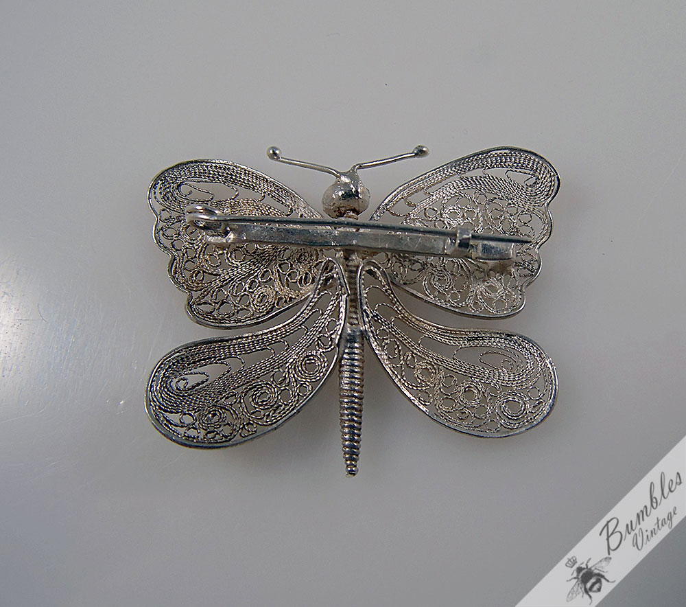 Vintage Bohemian Sterling Silver Filigree Butterfly Brooch c1960 - Image 4
