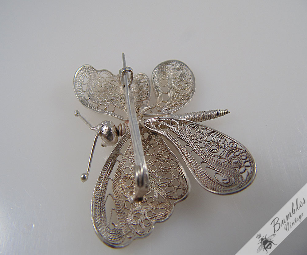 Vintage Bohemian Sterling Silver Filigree Butterfly Brooch c1960 - Image 5