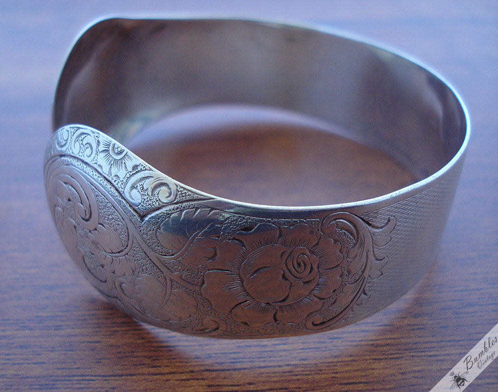 Vintage Finely Decorated 835 Silver Engraved Cuff Bangle Floral Flower Etching - Image 5