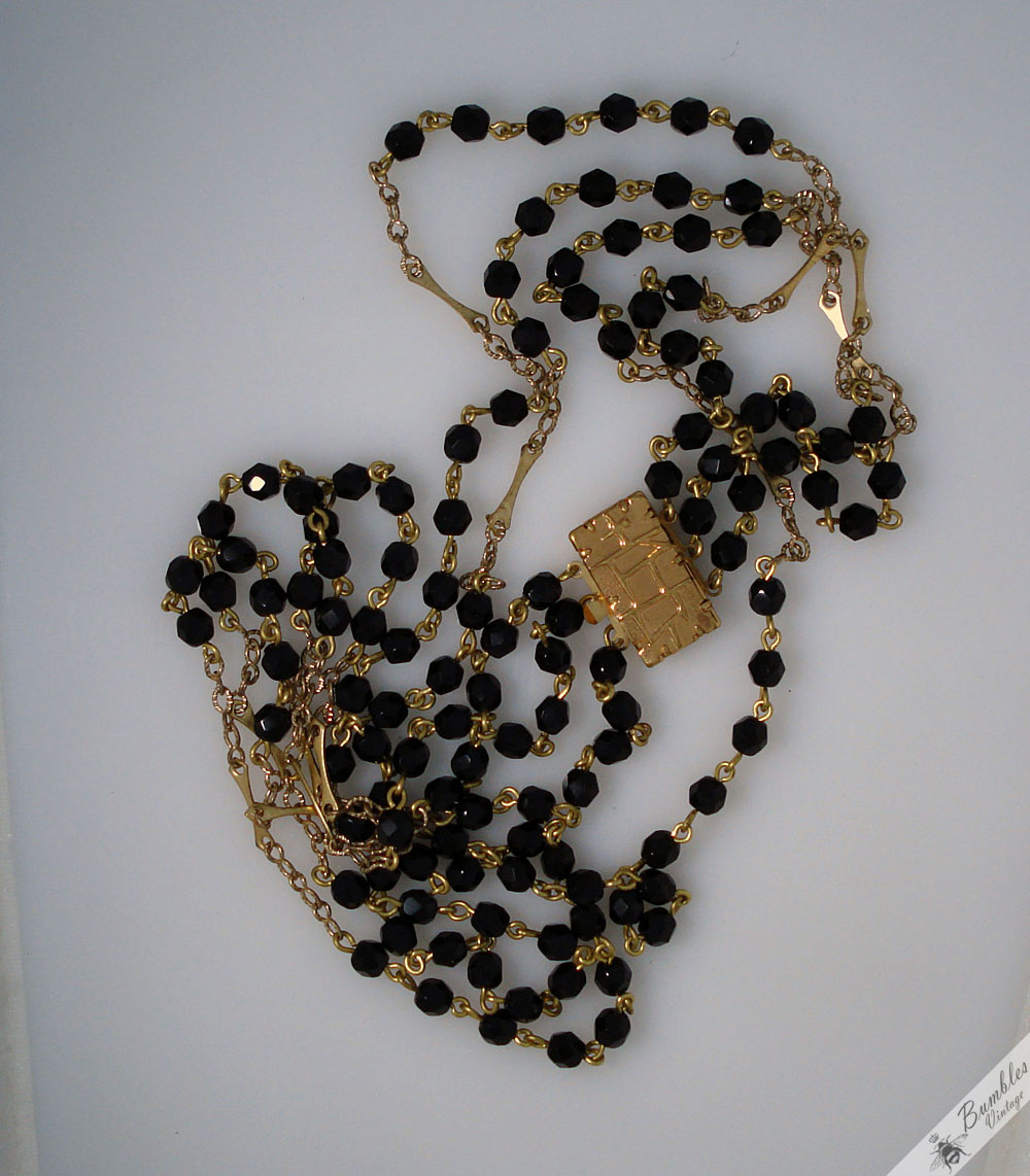 Vintage Three Row Black Faceted Glass Beads with Gold Tone Necklace - Image 6