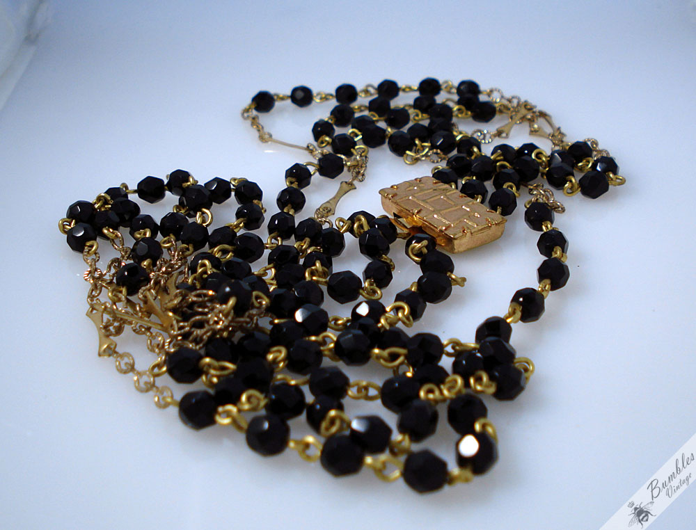 Vintage Three Row Black Faceted Glass Beads with Gold Tone Necklace - Image 7