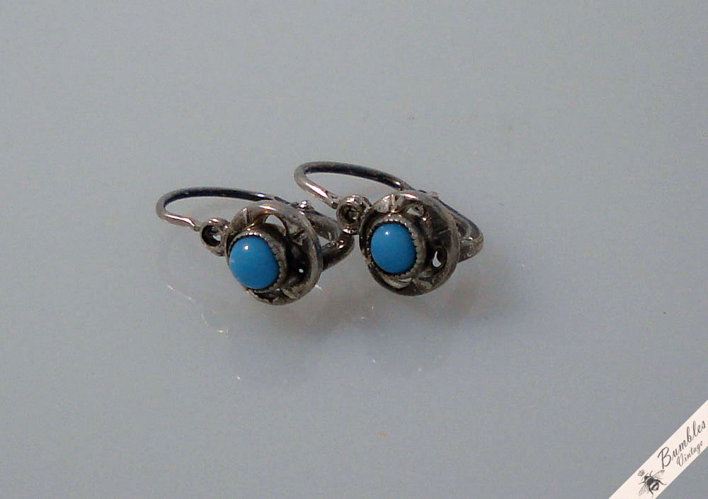 Vintage Petite Small European Lever Earrings Simulated Turqouise