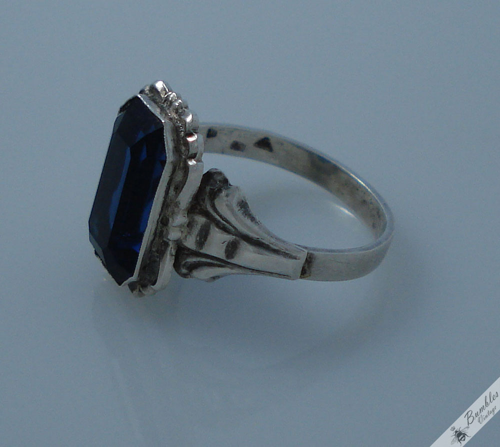 Vintage Silver Bohemian Simulated Sapphire European Ring c1940s - Image 3