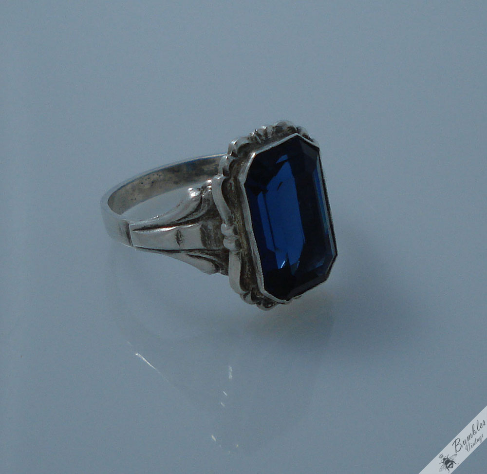 Vintage Silver Bohemian Simulated Sapphire European Ring c1940s - Image 4