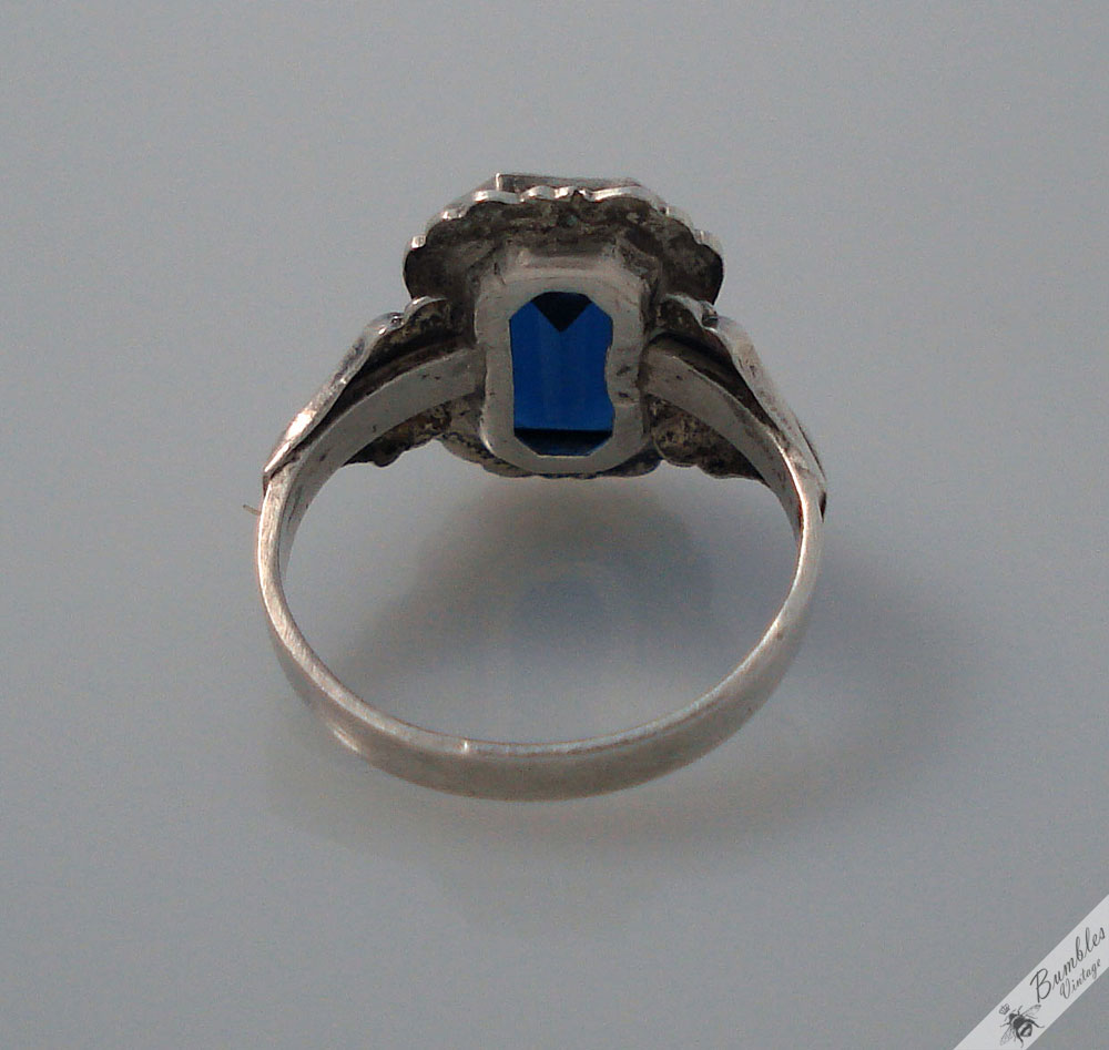 Vintage Silver Bohemian Simulated Sapphire European Ring c1940s - Image 5
