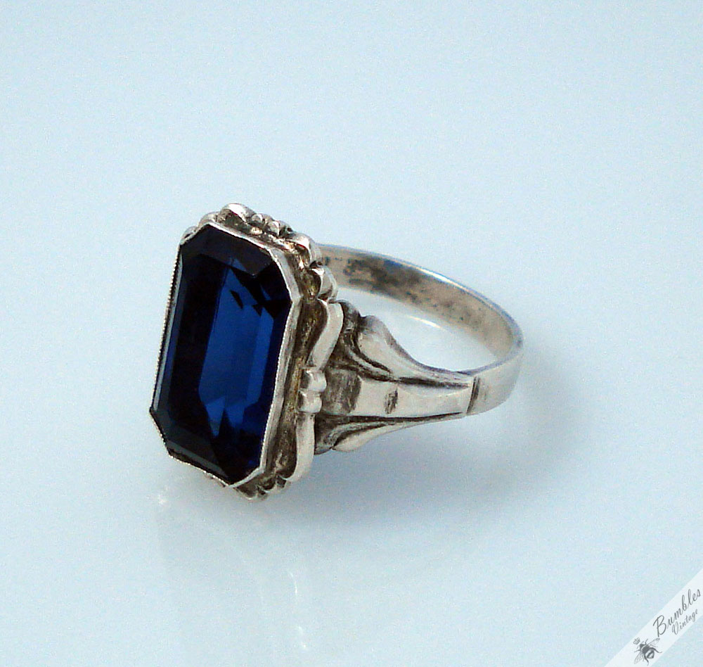Vintage Silver Bohemian Simulated Sapphire European Ring c1940s - Image 6