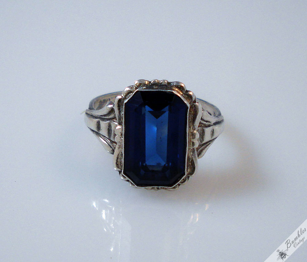 Vintage Silver Bohemian Simulated Sapphire European Ring c1940s - Image 8
