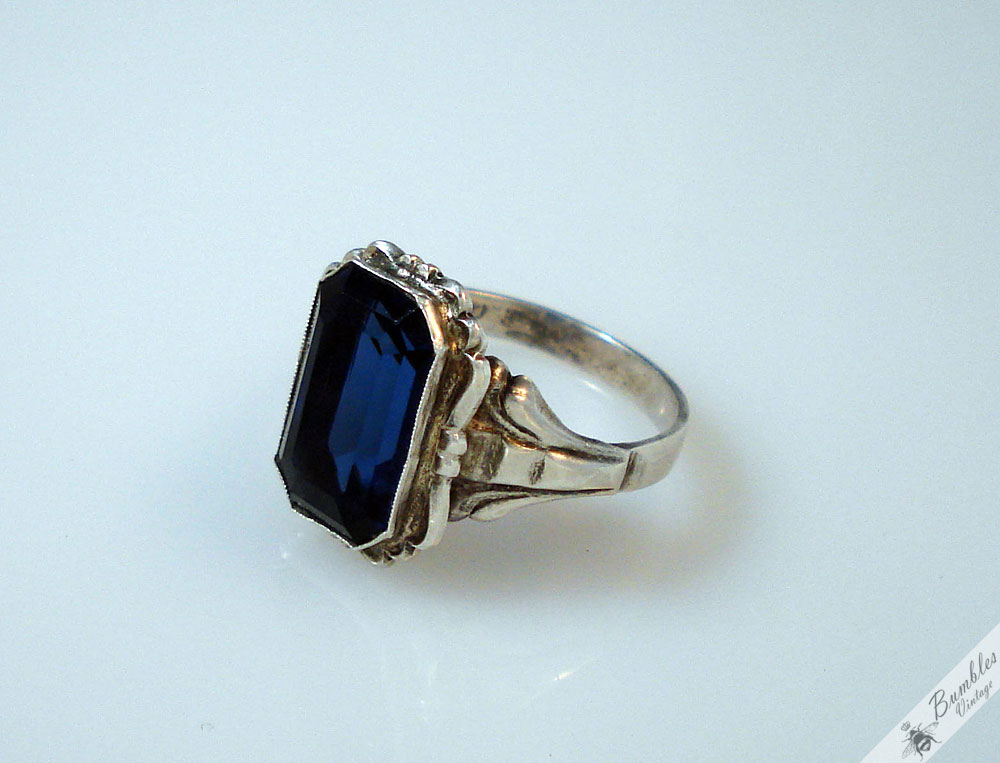 Vintage Silver Bohemian Simulated Sapphire European Ring c1940s - Image 9