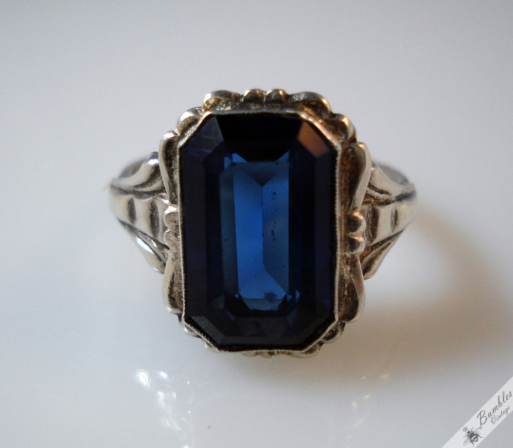 Vintage Silver Bohemian Simulated Sapphire European Ring c1940s