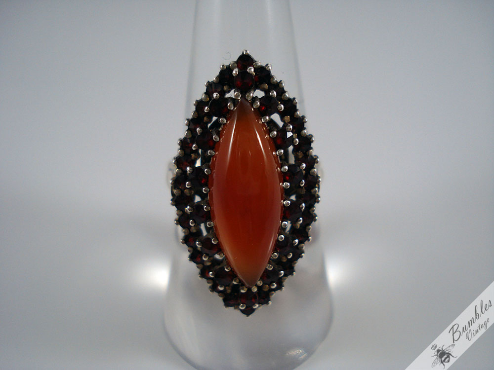 Vintage Large Bohemian Garnet & Natural Carnelian Silver Cocktail Ring Czech