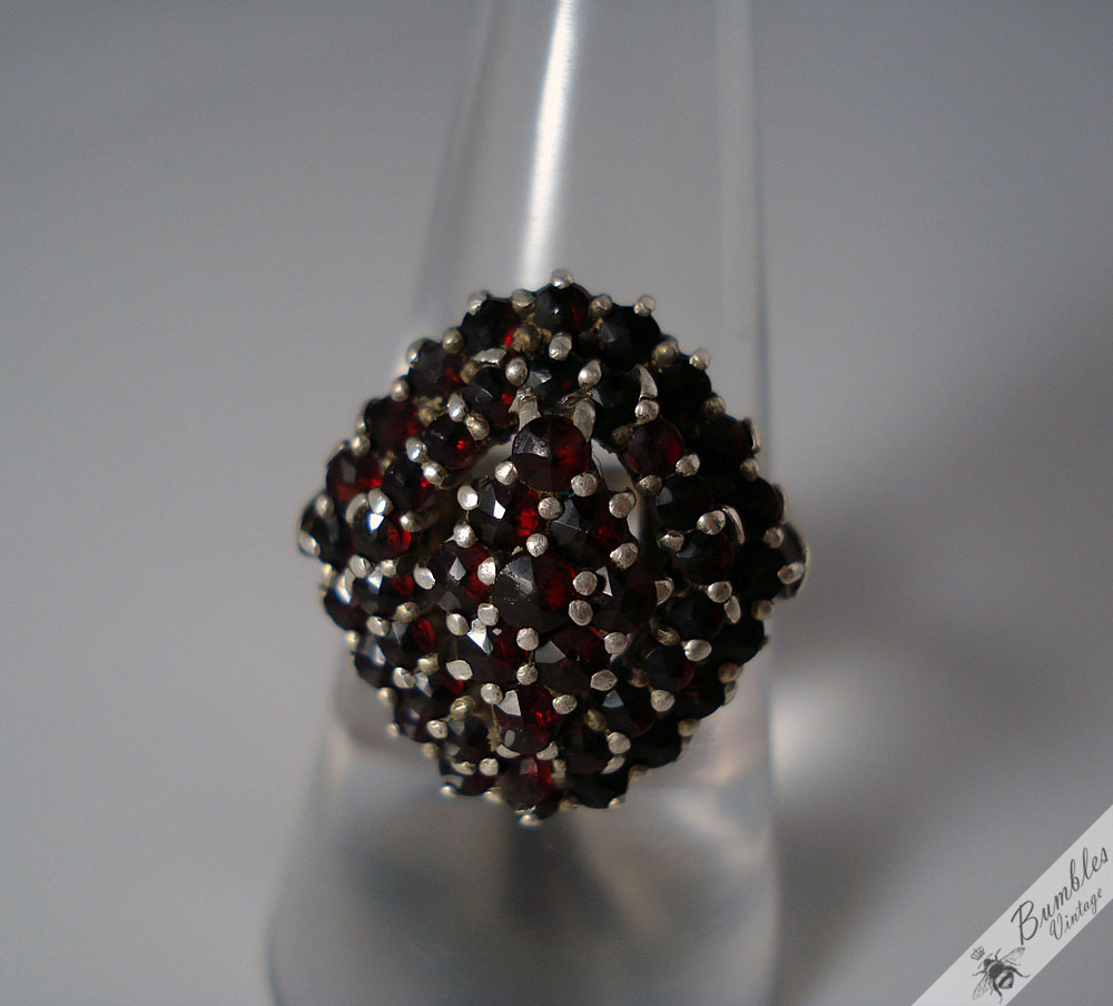 Rose Cut Bohemian Garnet 900 Silver Vintage Cluster Ring c1950 - Image 5