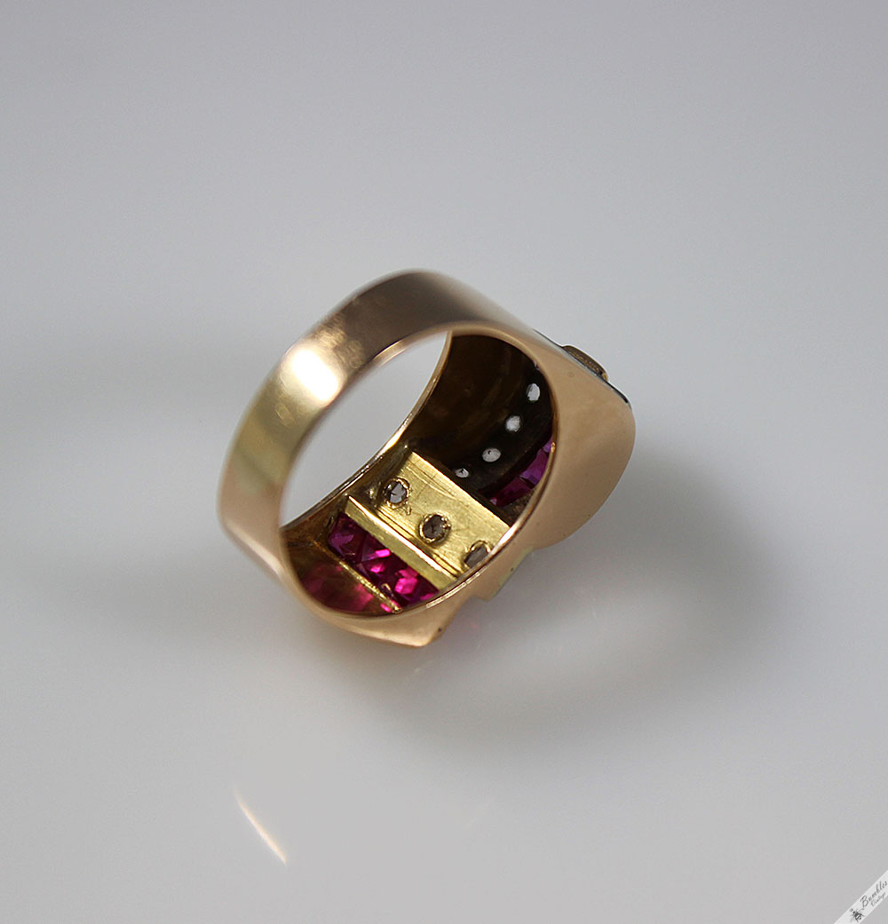Unique Vintage Art Deco 18K Yellow Gold Diamond Ruby Cocktail Ring c1930 - Image 6