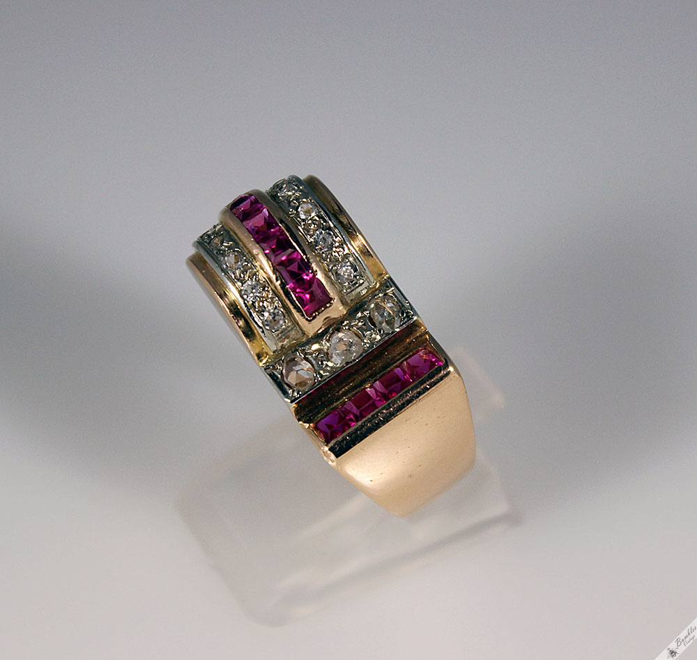 Unique Vintage Art Deco 18K Yellow Gold Diamond Ruby Cocktail Ring c1930 - Image 7