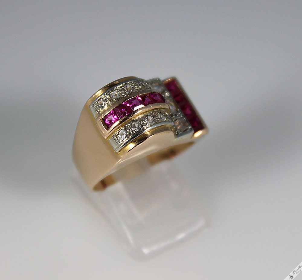 Unique Vintage Art Deco 18K Yellow Gold Diamond Ruby Cocktail Ring c1930 - Image 8
