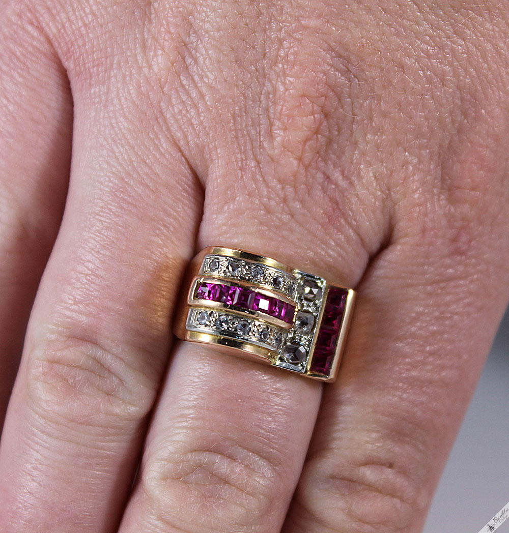 Unique Vintage Art Deco 18K Yellow Gold Diamond Ruby Cocktail Ring c1930 - Image 10