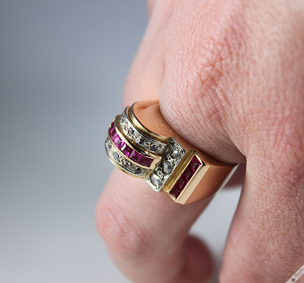Unique Vintage Art Deco 18K Yellow Gold Diamond Ruby Cocktail Ring c1930 - Image 11