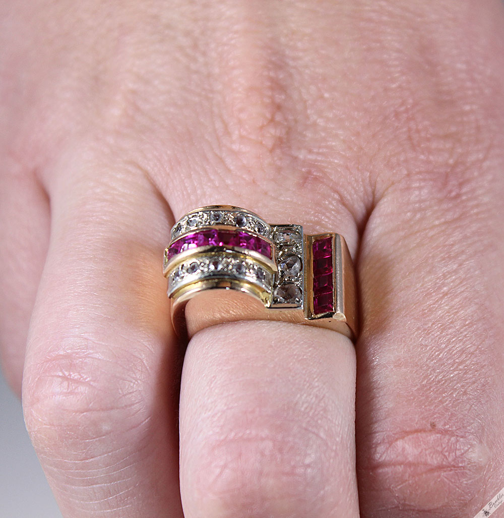 Unique Vintage Art Deco 18K Yellow Gold Diamond Ruby Cocktail Ring c1930 - Image 12