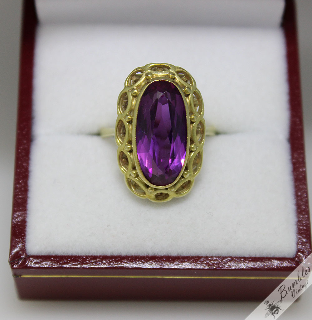 c1950s 14k Gold Vintage Bohemian Amethyst Ornate Cocktail Ring sz K.5, 5.5