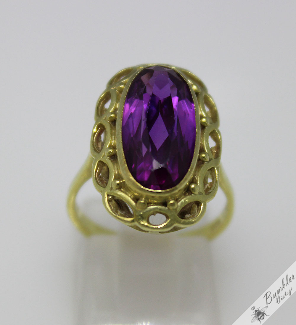 c1950s 14k Gold Vintage Bohemian Amethyst Ornate Cocktail Ring sz K.5, 5.5 - Image 2
