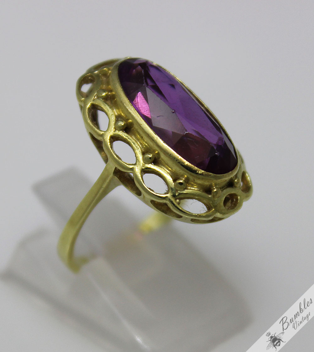 c1950s 14k Gold Vintage Bohemian Amethyst Ornate Cocktail Ring sz K.5, 5.5 - Image 3