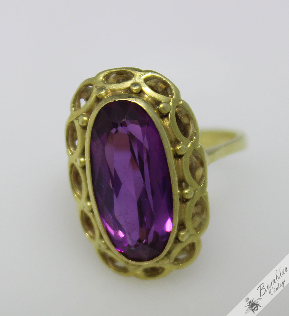 c1950s 14k Gold Vintage Bohemian Amethyst Ornate Cocktail Ring sz K.5, 5.5 - Image 5