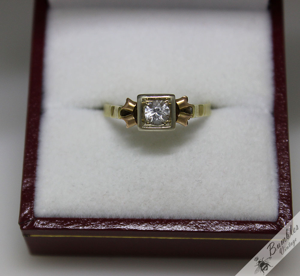 c1950 Vintage 14k Gold Bohemian Art Deco White Sapphire Ring sz M.5, 6.5 - Image 7