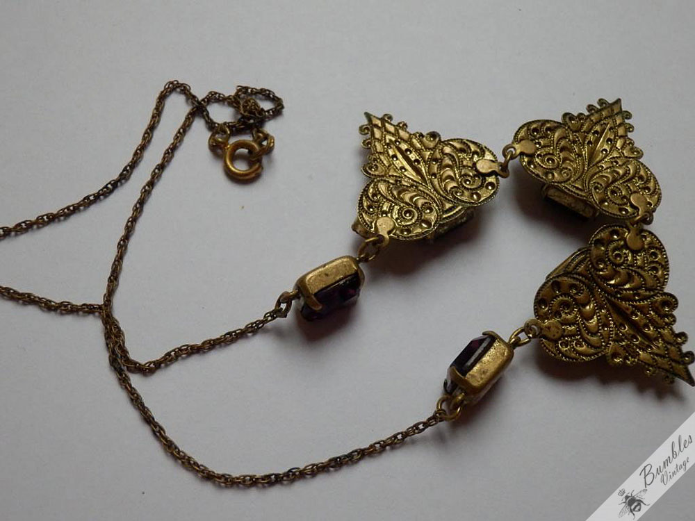 Art Nouveau Vintage Filigree Gold Tone Brass Lavalier Leaf Necklace - Image 11